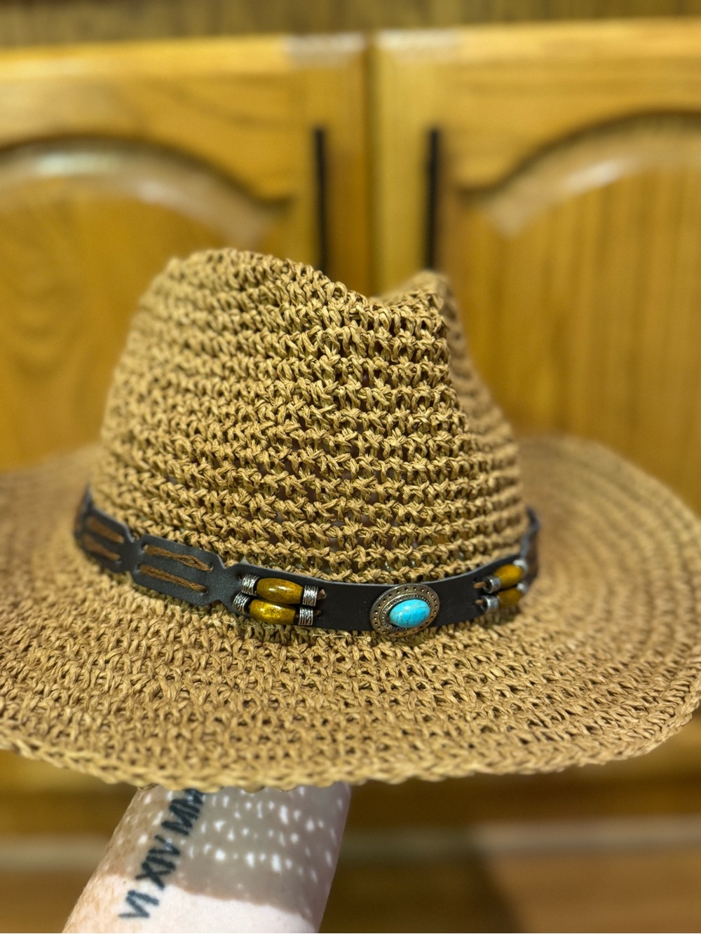 Brown Woven Straw Fedora Hat with Turquoise Accent